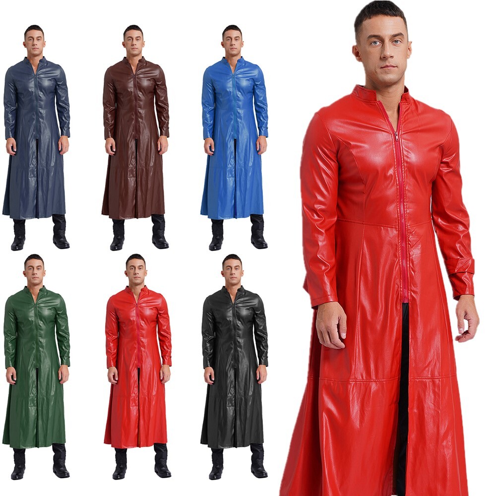 US Men PU Leather Jackets Overcoat Gothic Steampunk Stand Collar Trench Coats