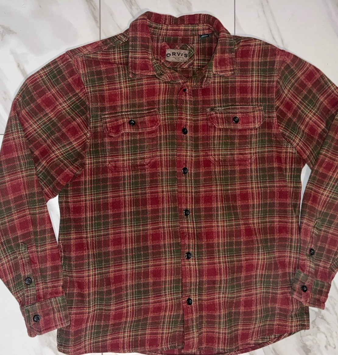 Mens L Orvis Heavy Weight Flannel Shirt Thick Jacket Plaid Button Up Pockets