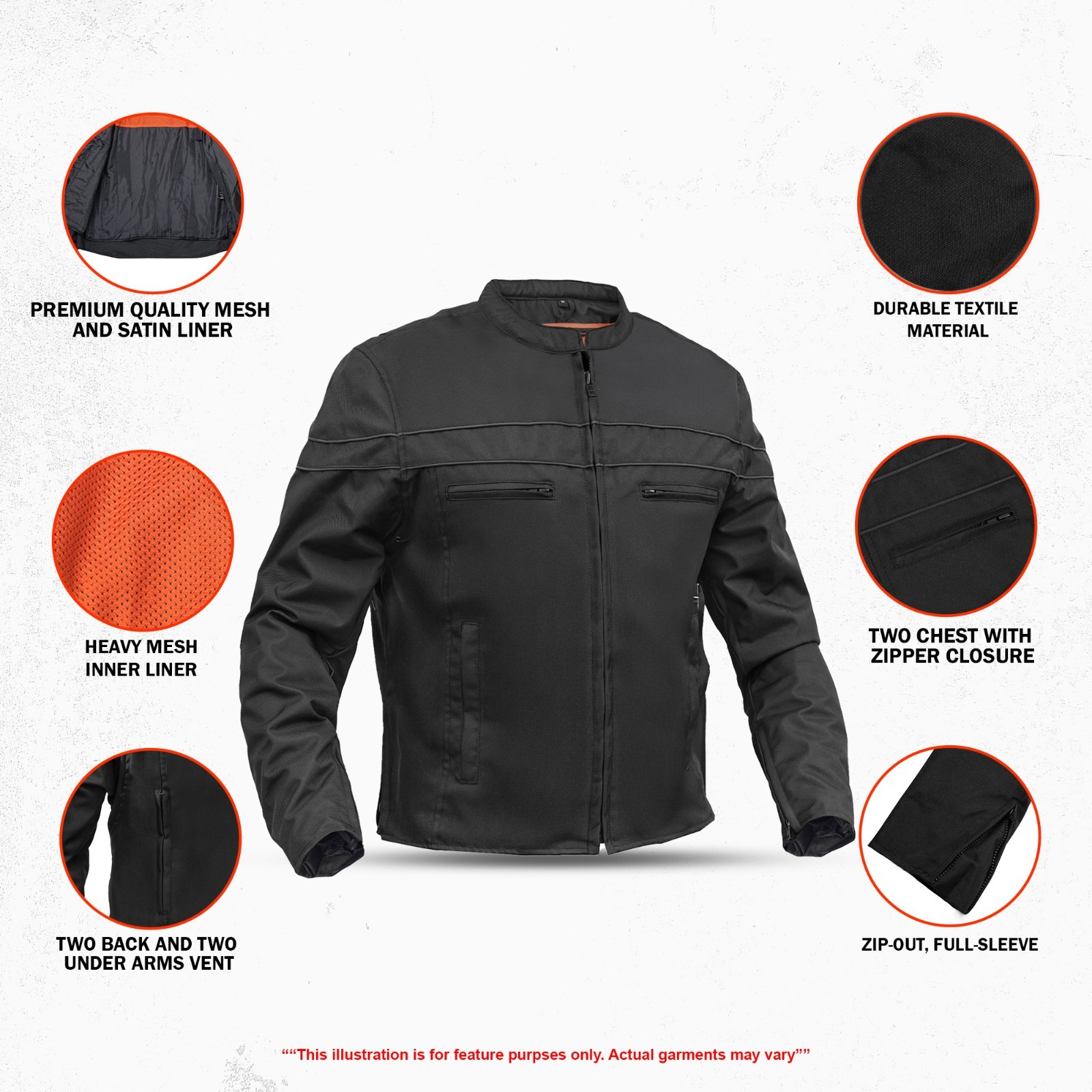 Men’s Motorcycle Jacket All Season Mesh Biker Textile Jacket Multi Pockets Black