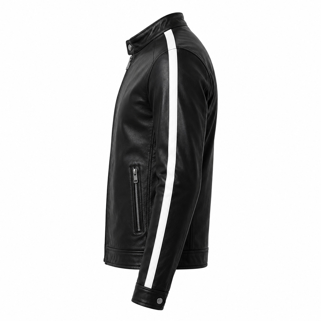 Men’s Black Leather Biker Jacket White Stripe Motorcycle Cafe Racer