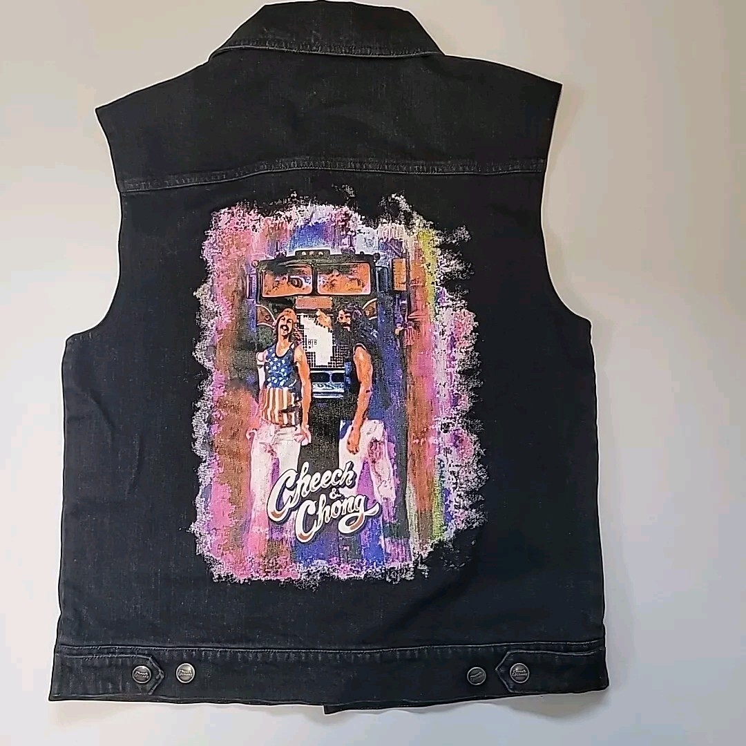 Custom Cheech & Chong Size M Black Denim Vest with Prints & Embroidery