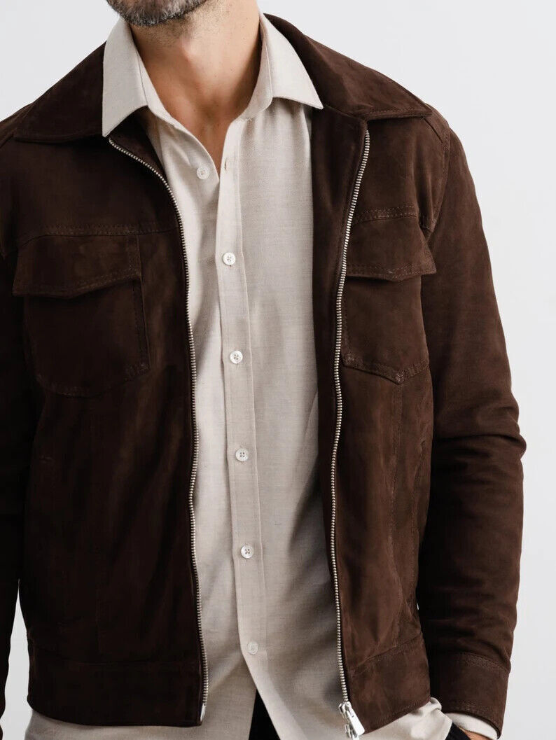 Brown Handmade Men 100%Lambskin Designer Leather Biker Party Zipper Suede Jacket