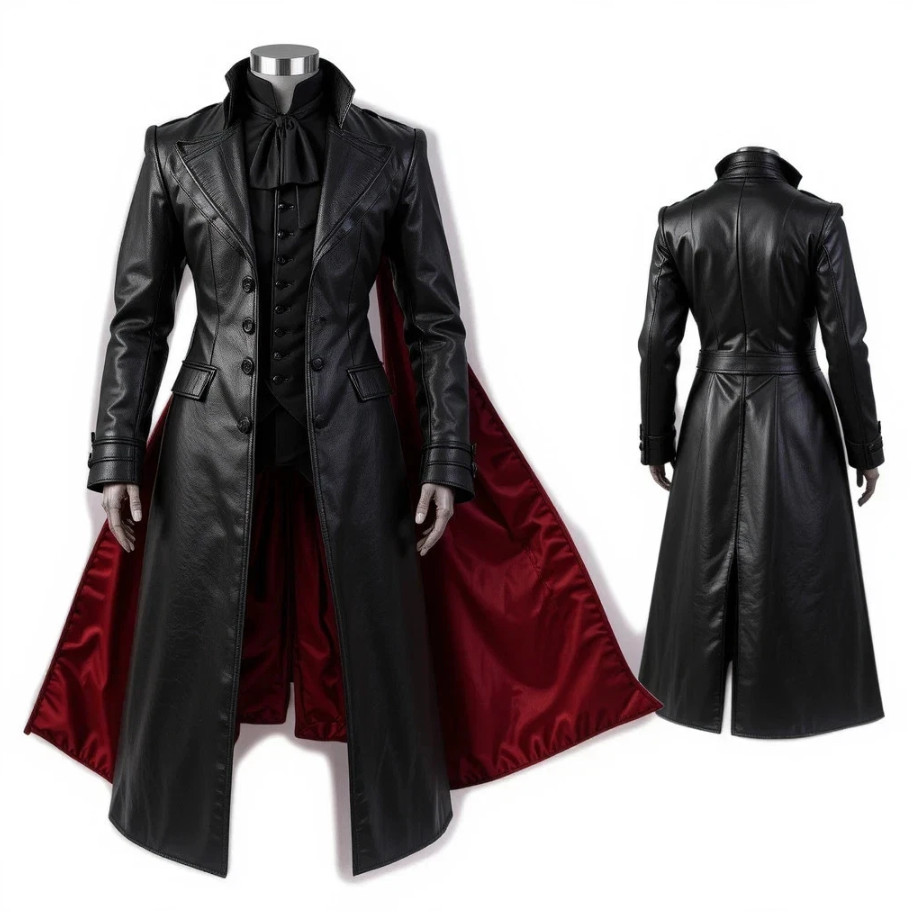 Men’s Gothic Vampire Leather Trench Coat – Long Black Halloween Steampunk Jacket