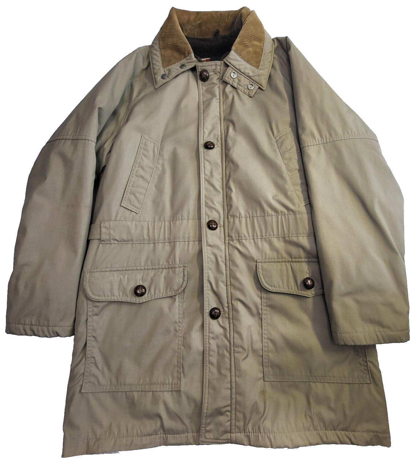 Field And Stream Brown Tan Four Button Full Zip Coat Corduroy Collar Sz 40 Vtg