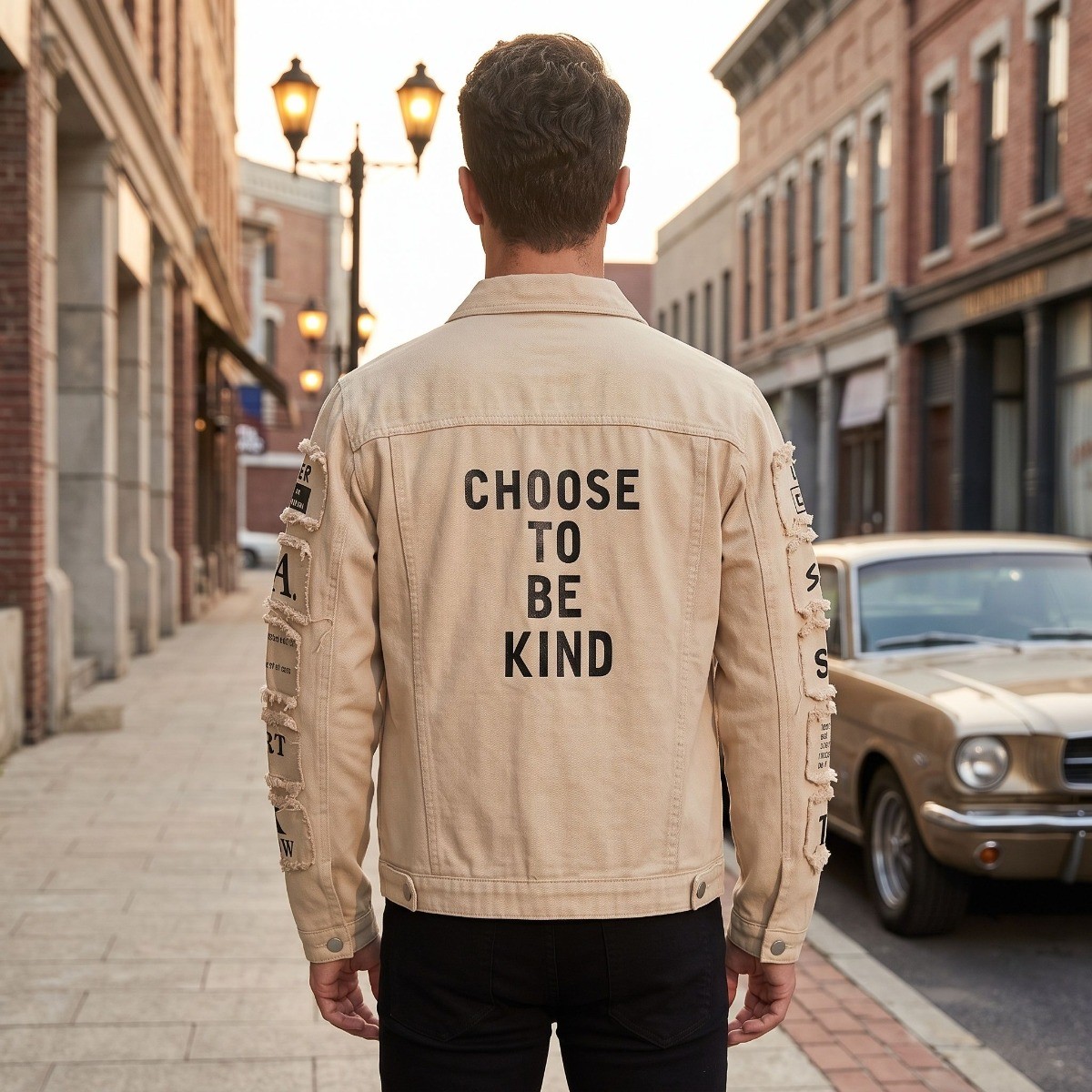 Men’s Beige Denim Jacket Letter Patch Frayed Streetwear Trucker Coat