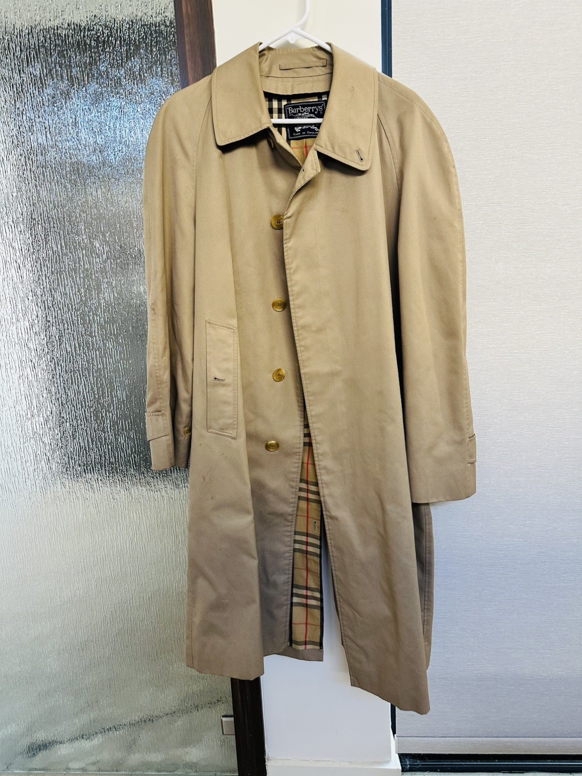 Vintage Burberrys Men’s Beige Trench Mac Coat Made England Nova Check LargeXL