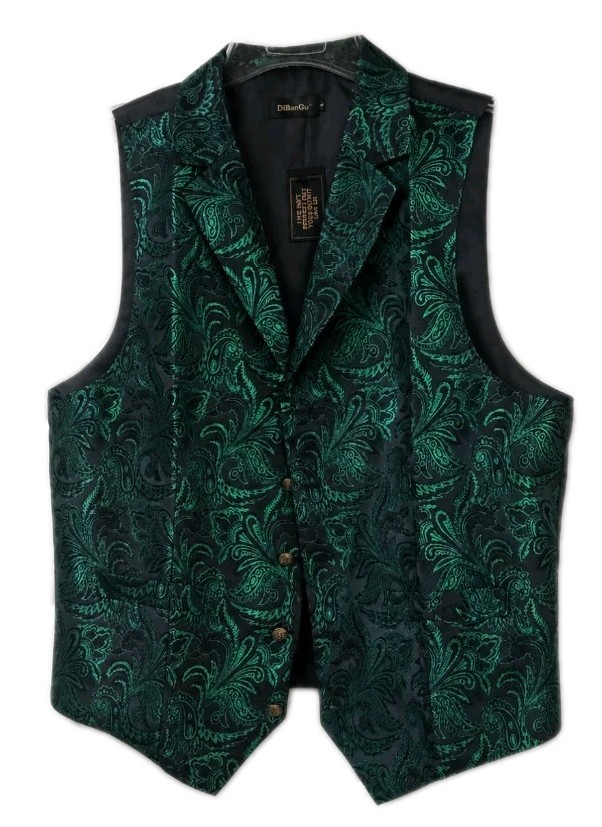 Men’s Large Emerald Green Tux Vest DiBanGu Jacquard Notched Collar Vest NWTS