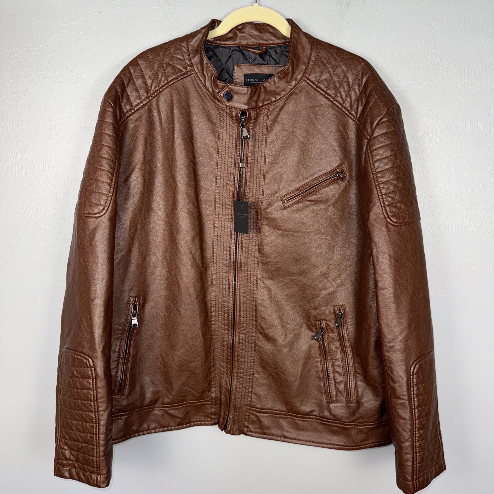 PRONTO UOMO Faux Leather Jacket Men’s XXL Full Zip Cognac Brown Vegan *READ
