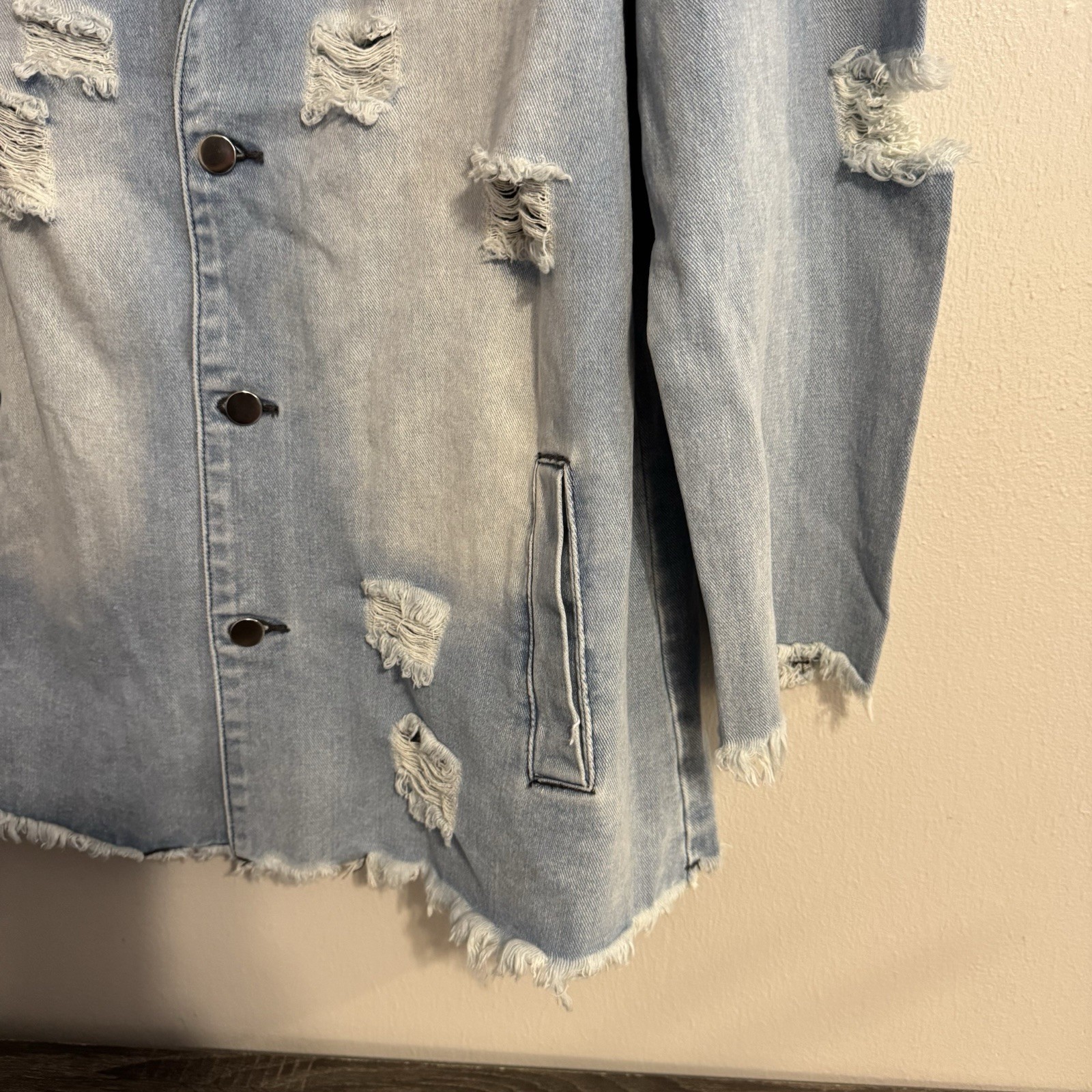 Mens Giovanco Casual Lapel Collar Single Breasted Ripped Denim Raw Trim Jacket S