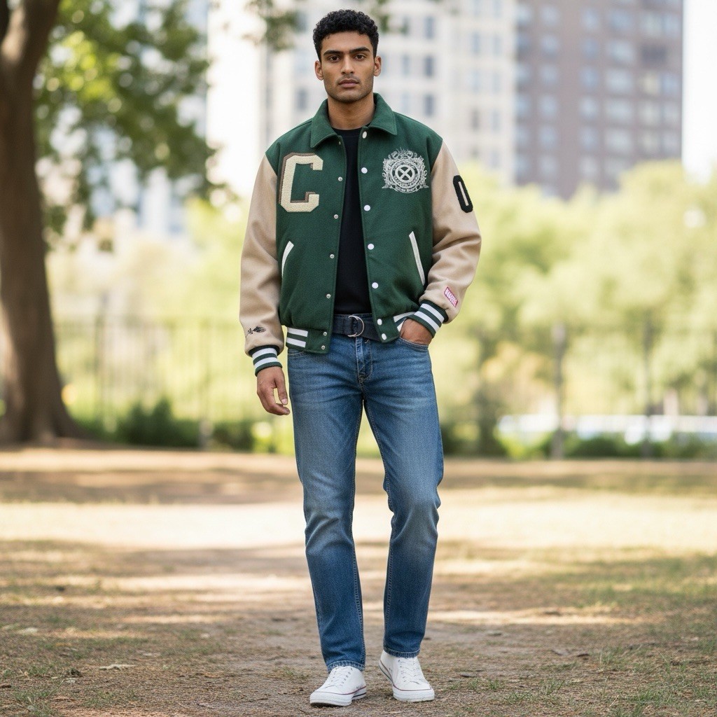 MARVEL X-MEN Varsity Letterman Jacket Green Adult Size S Xavier Institute RARE