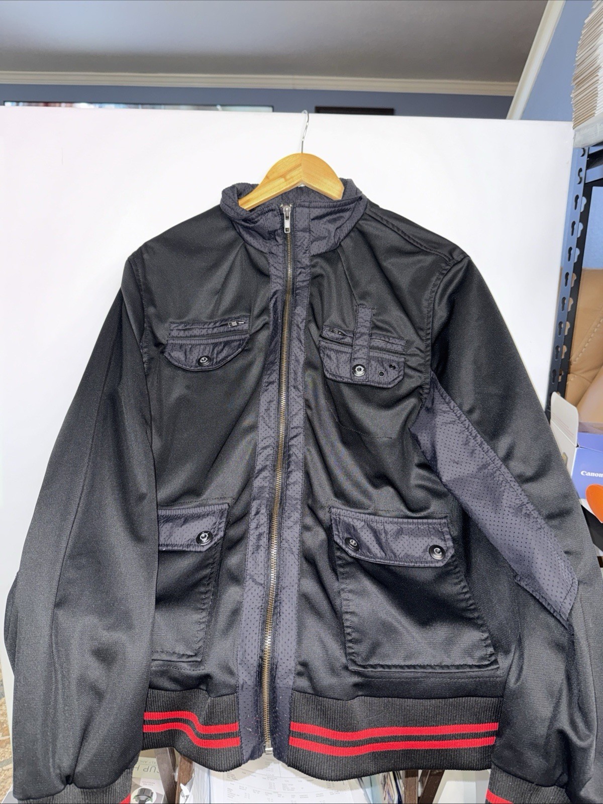 Civil Society Jacket L Black Bomber Varsity Track Knit Trim Mesh Accent Full zip