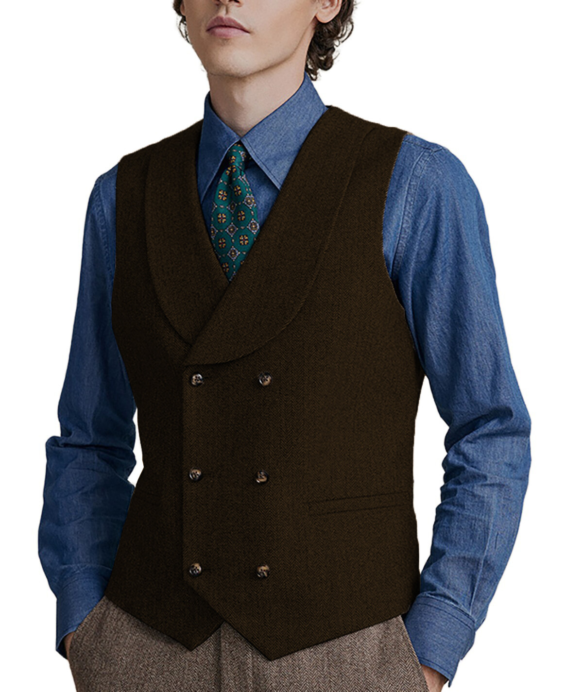 Shawl lapel Vests Mens Double-breasted Waistcoats Tweed Herringbone Wedding Wool