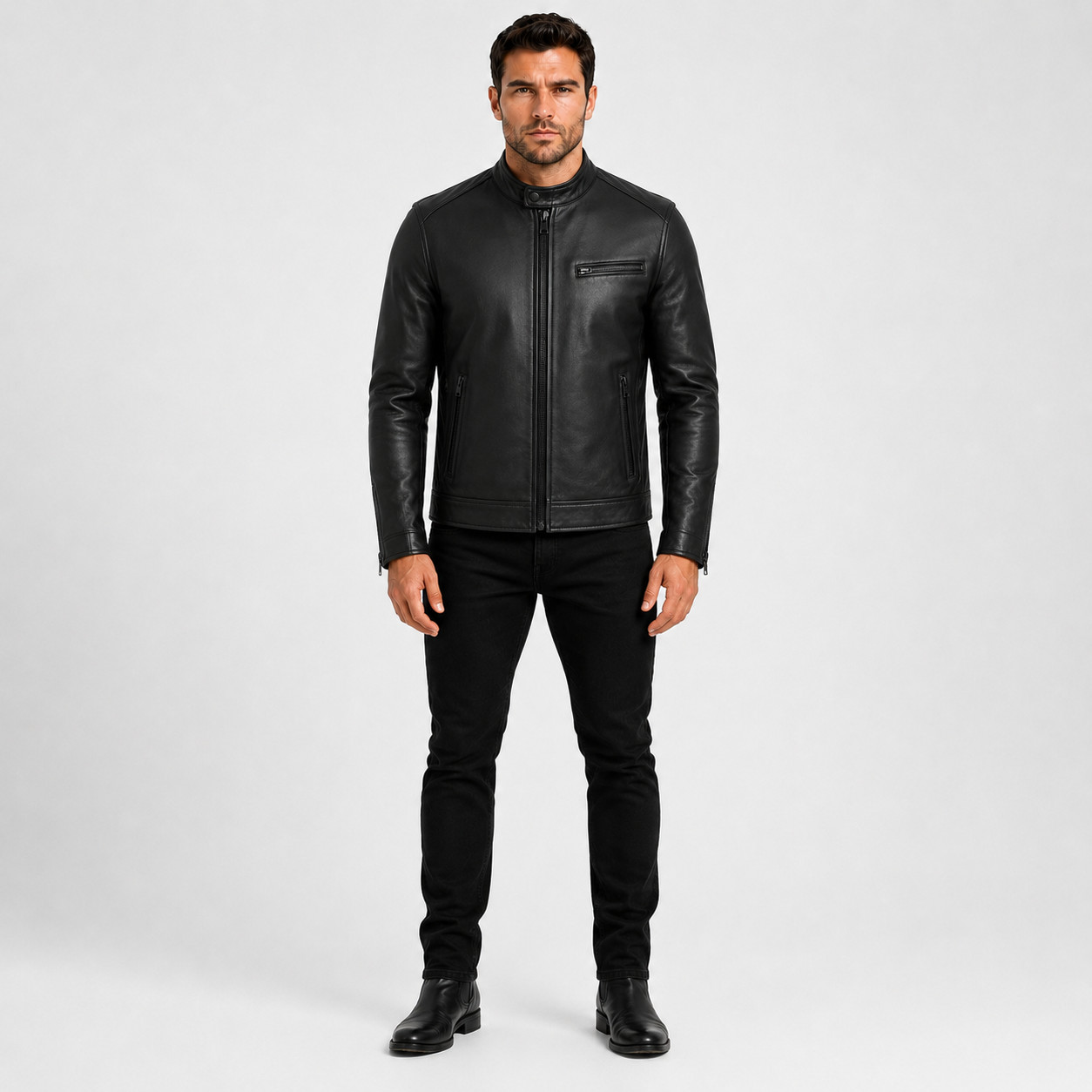Men’s Matte Black Real Lambskin Leather Cafe Racer Jacket Black Hardware Moto