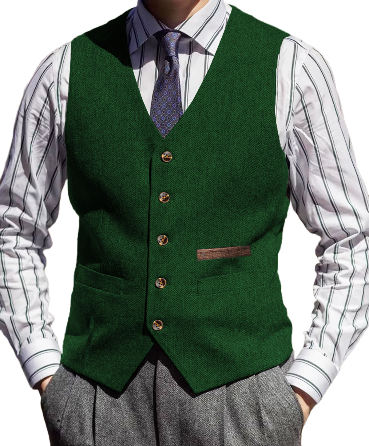 Tweed Vest Mens V-Neck Grooms Waistcoat Wool Waistcoat Herringbone Vintage Retro