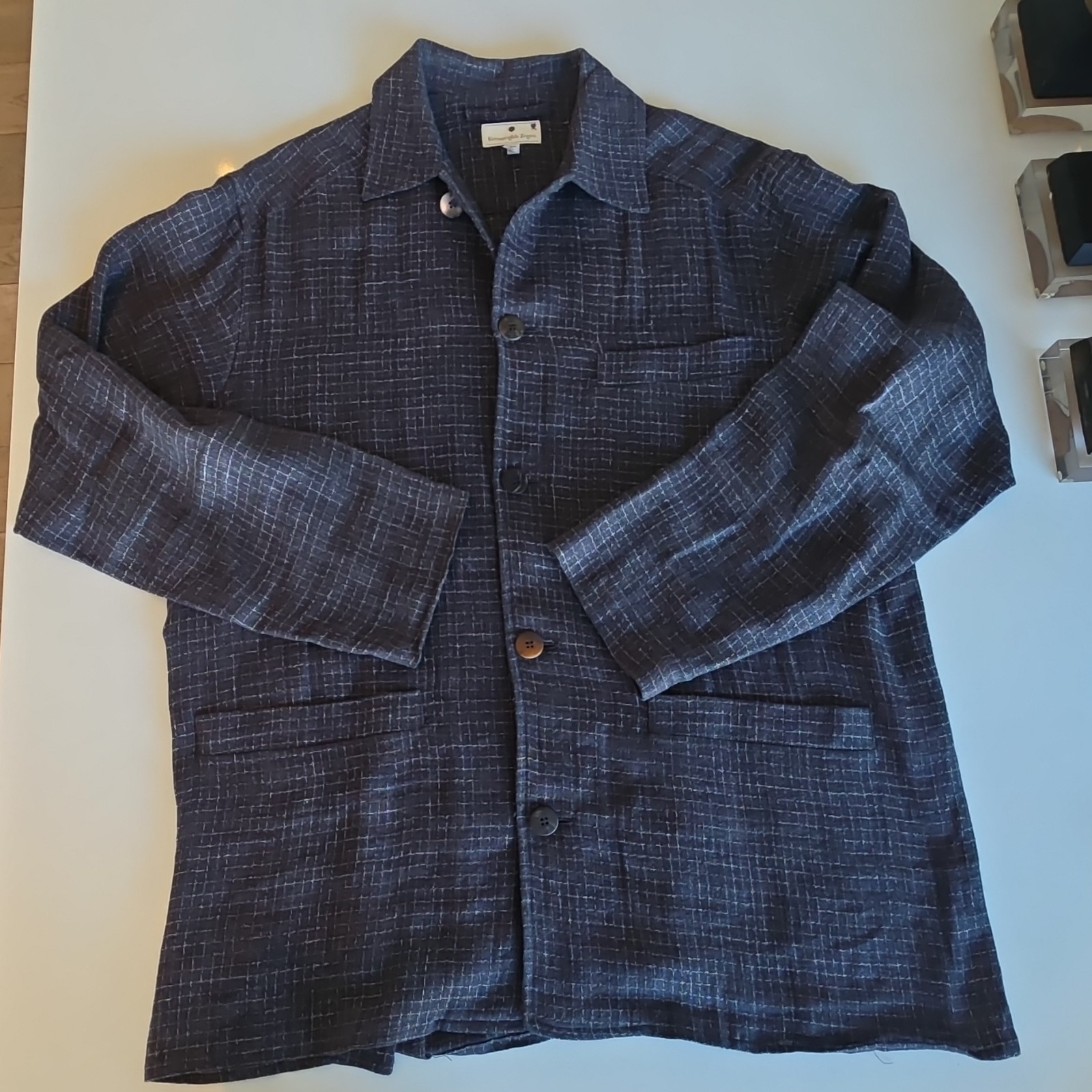 Ermenegildo Zegna Men’s Blue Check Wool Button-Front Jacket w/ Pockets 52