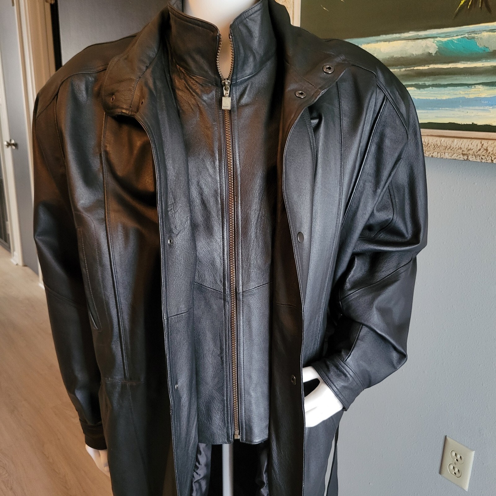 Saxony Leather Coat, Men’s XL Black Leather Belted Zipper Trench Duster Coat