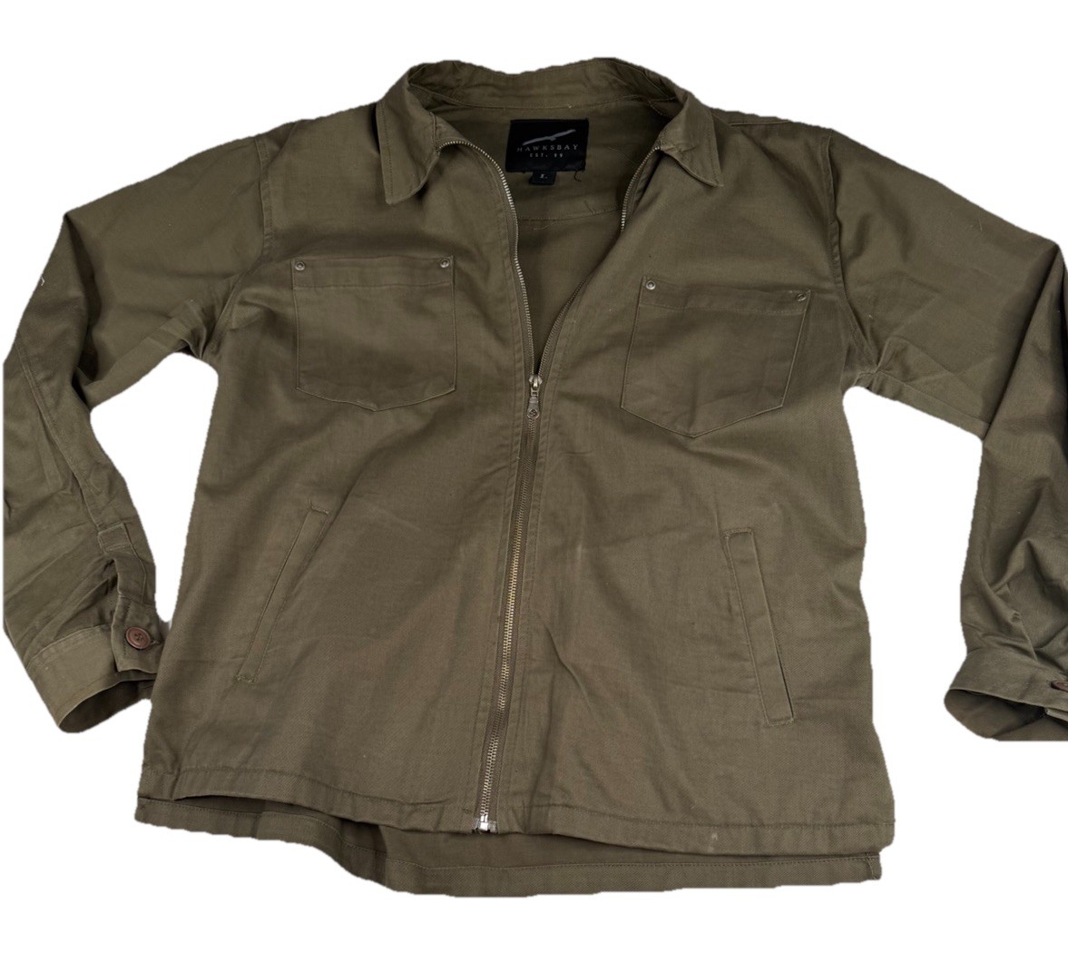 Hawksbay Men’s Olive Zip Button Jacket Pockets Mid-Length Casual Size L