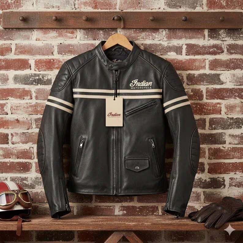 Men’s Black Indian Bomber Motorcycle Biker Jacket – Genuine Cowhide Leather