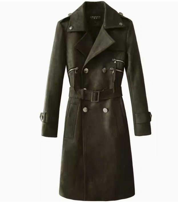 Vintage Suede Trench Coat Mens Mid Length Double-breasted Jacket Belted Parka