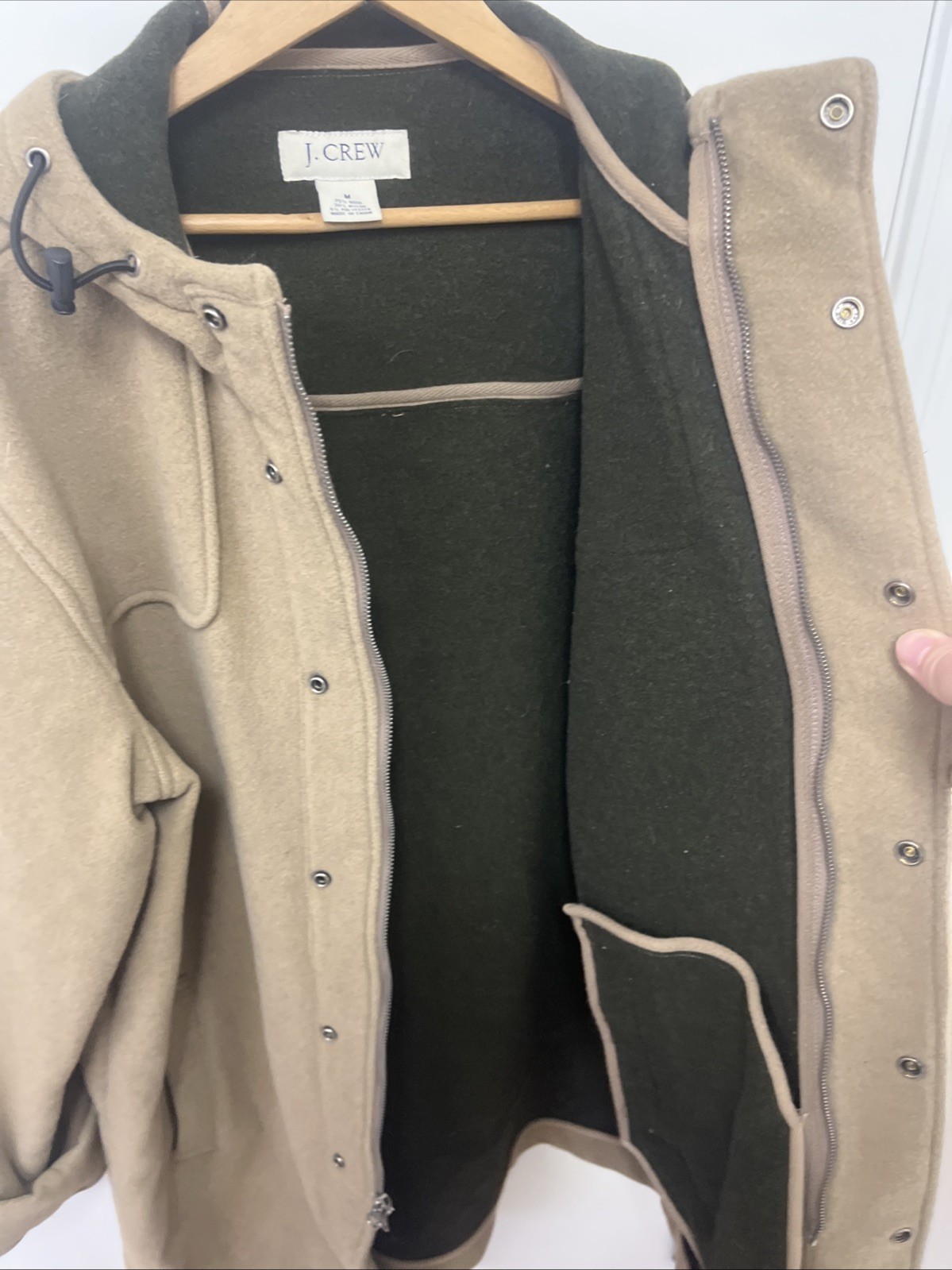 J Crew Wool Long Pea Coat Jacket Men Medium Brown Full Zip Button Drawstring