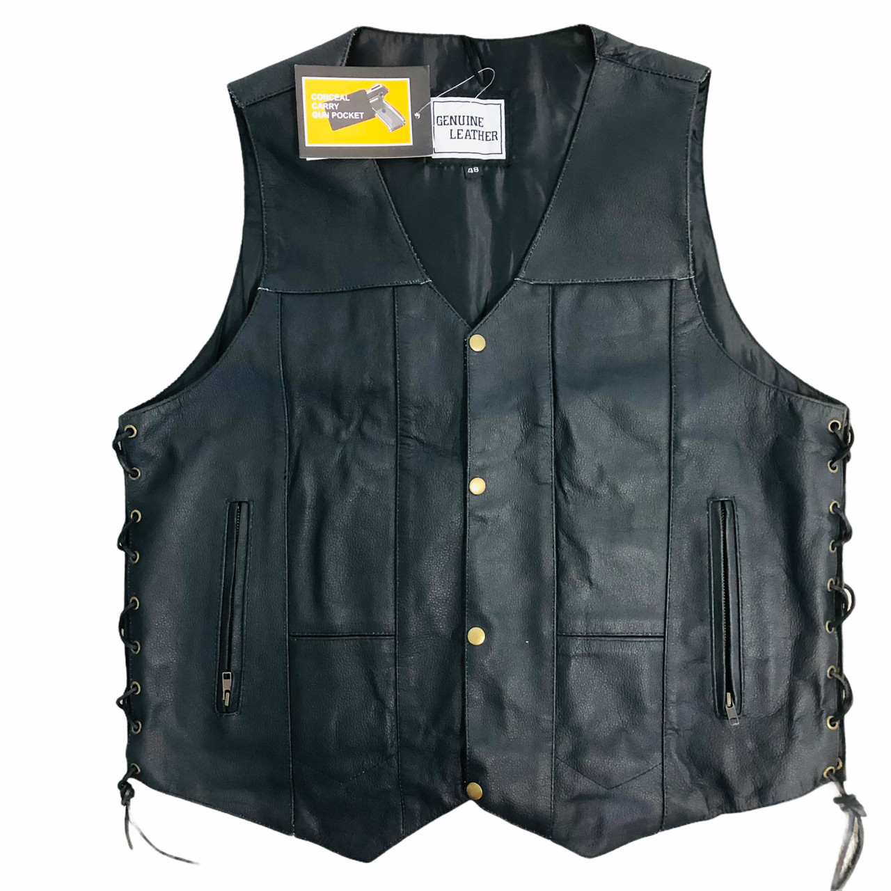Mens Black Genuine Leather Motorcycle Vest XL Lace Up Sides Bikercore Concealed
