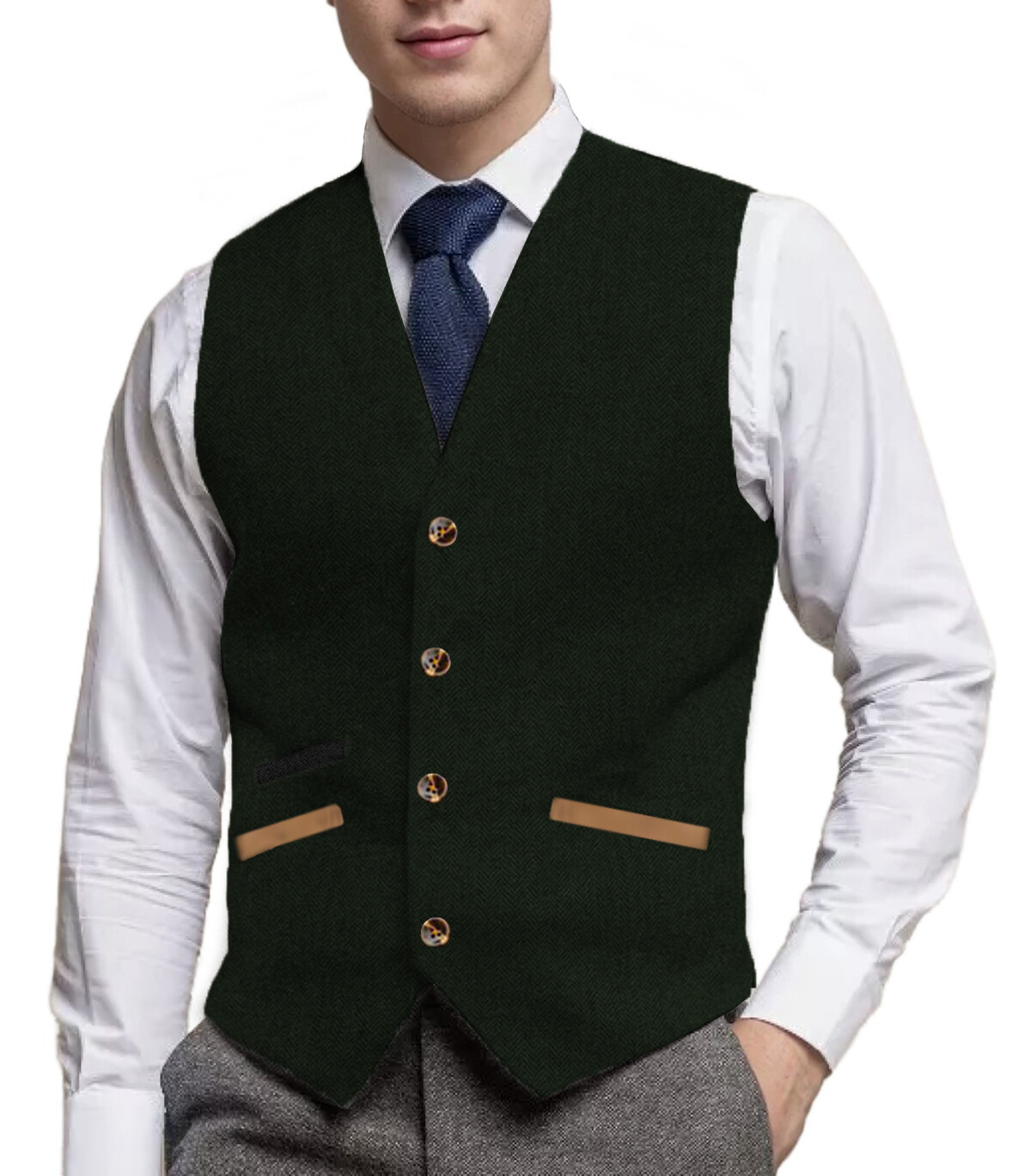 Men Hipster Vest Pocket Soft Vintage Tweed Herringbone Suit Waistcoat Retro Wool