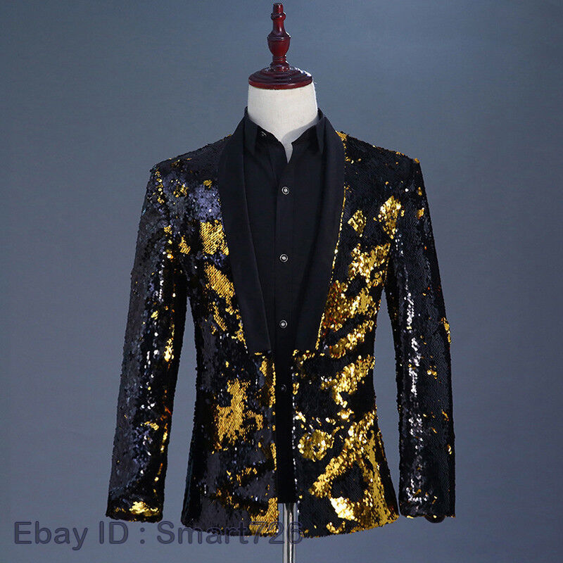 Men Reversible Two Tone Shiny Sequins Jacket Suit Blazer Fancy Dress Outfit Sets