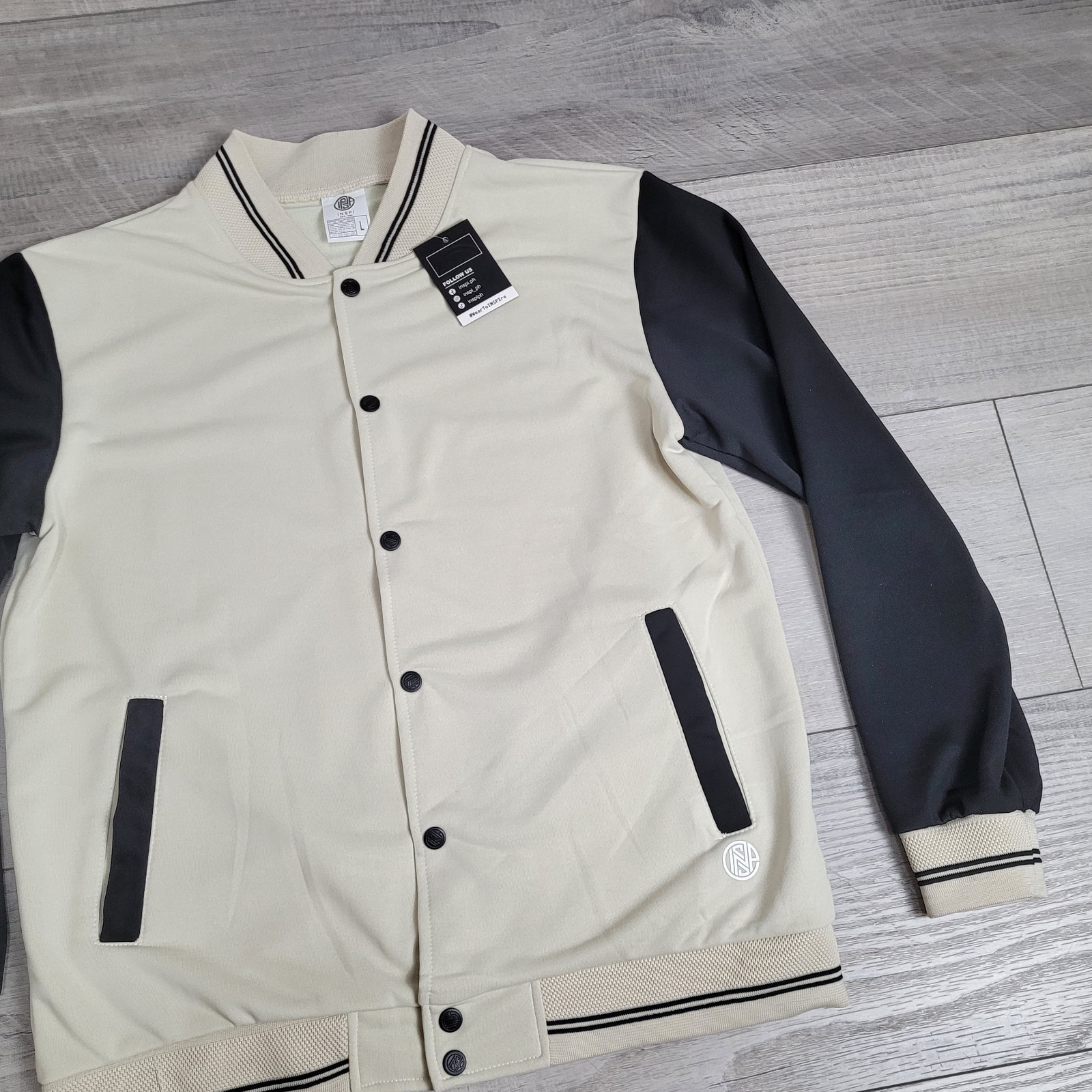 🧢INSPI Korean Bomber Varsity Jacket Unisex Large Ivory/Black Streetwear NWT