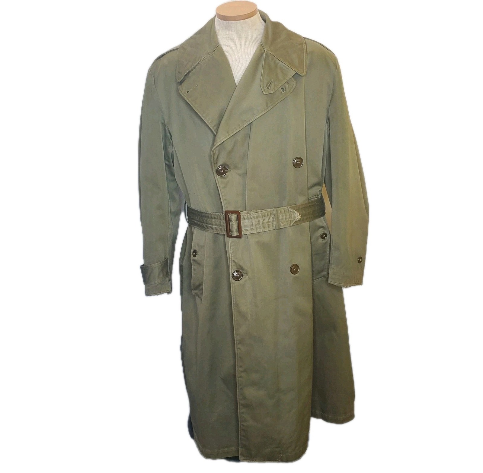 VintageMens Olive All Season Trench Coat Wool With Liner USA Military Gov Coat L