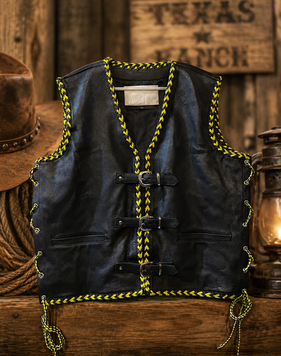 Men’s Black Genuine Leather Western Vest Buckle Front Side Lace Biker Cowboy