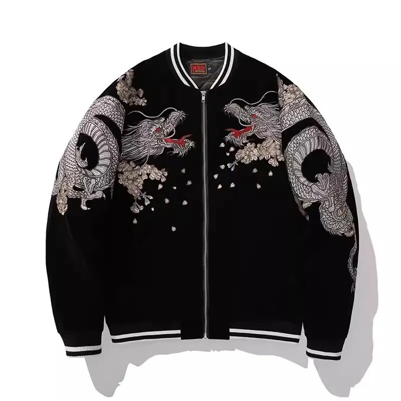 Unique Jacket Embroidered Dragon Baseball Collar Japanese Pattern Sukajan Coat