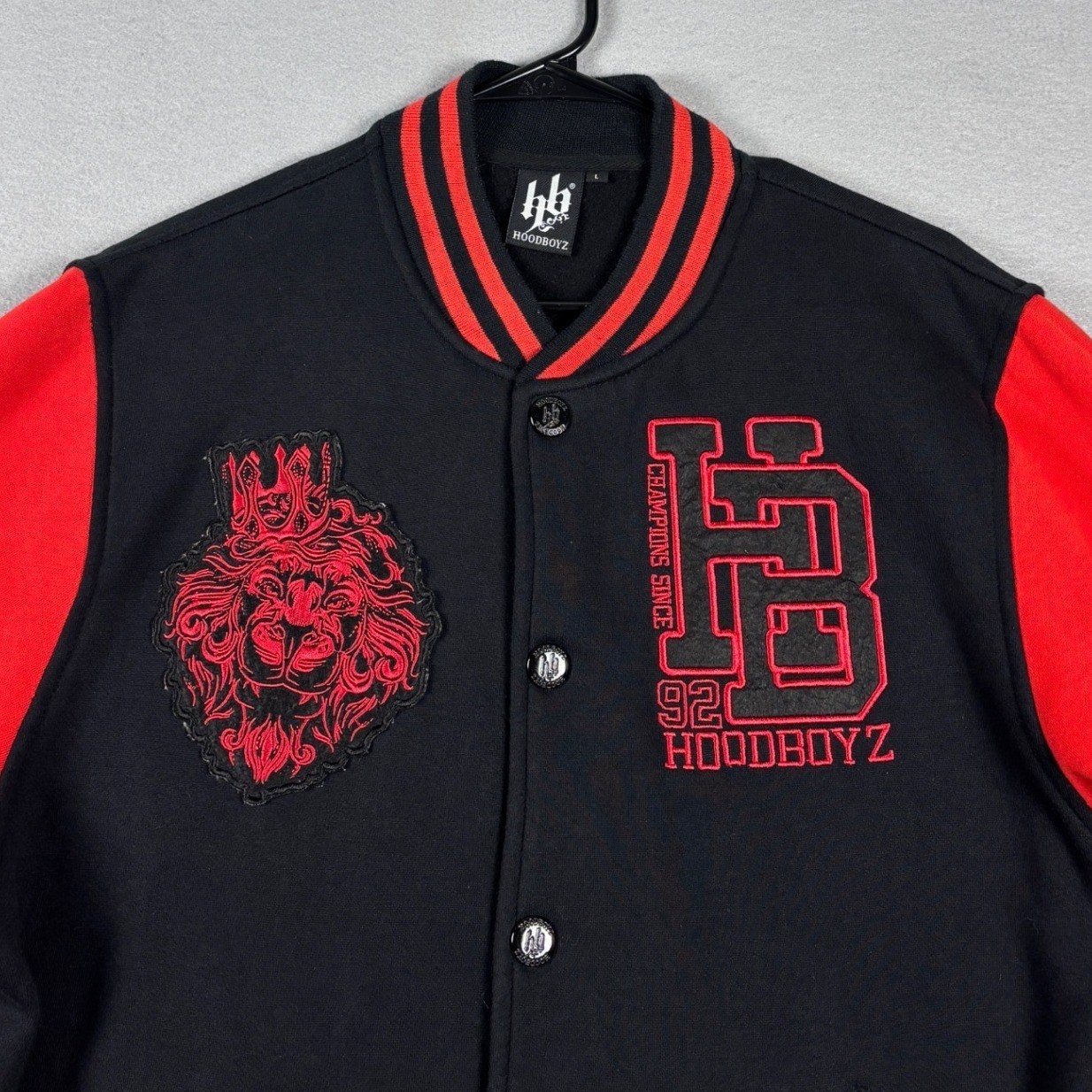 Hoodboyz Varsity Jacket Snap Button Lion Logo Large Black Red Y2k Streetwear
