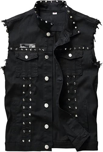 Men’s Punk Denim Vest Sleeveless Jean Jackets With Rivets US L Black