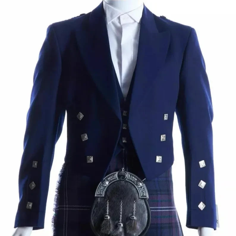 Men’s Scottish Kilt Jacket & Waistcoat Set Navy Blue Formal Highland Dress