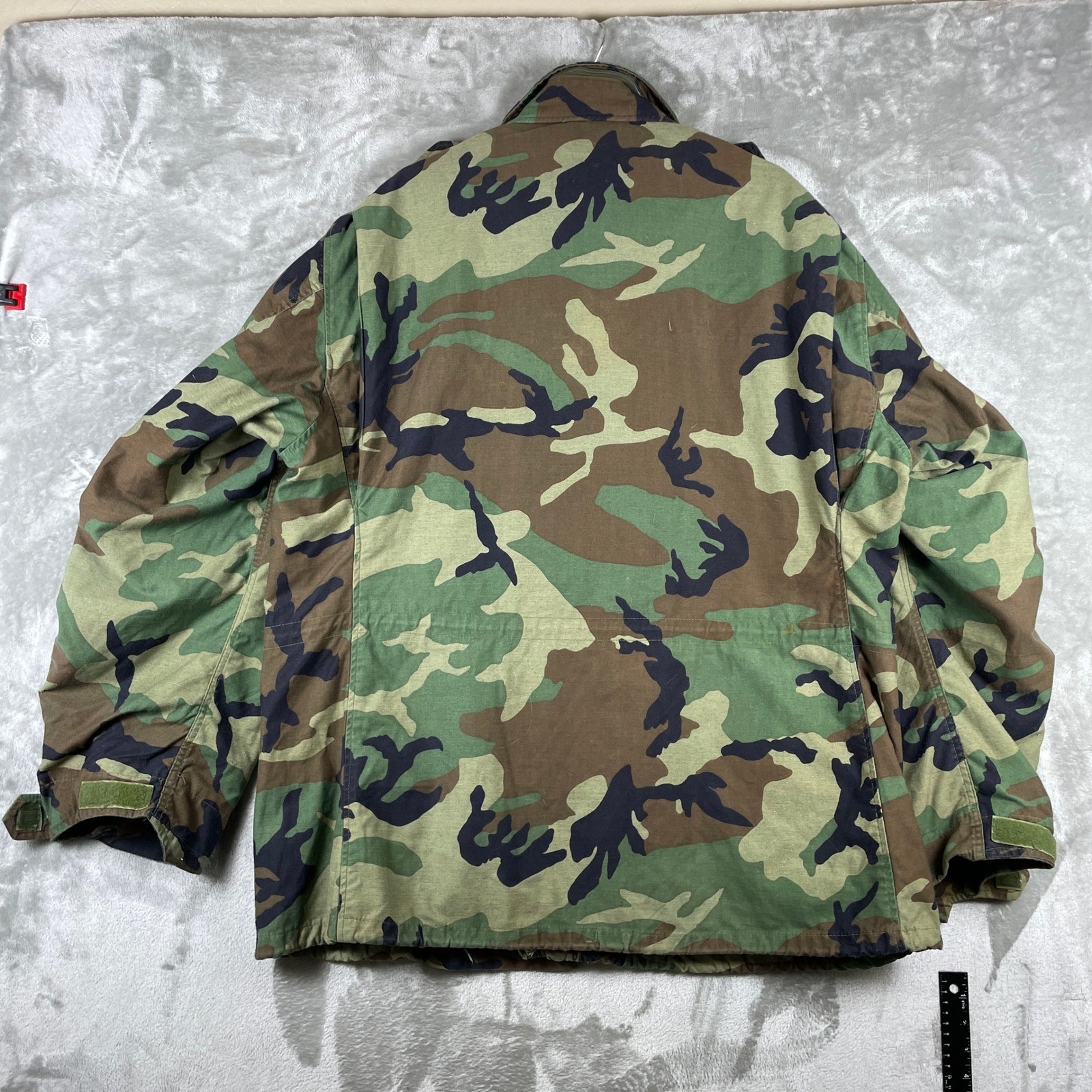 Vintage 80s Field Coat Mens XL Long Green Camo M-65 US Army Military Patches