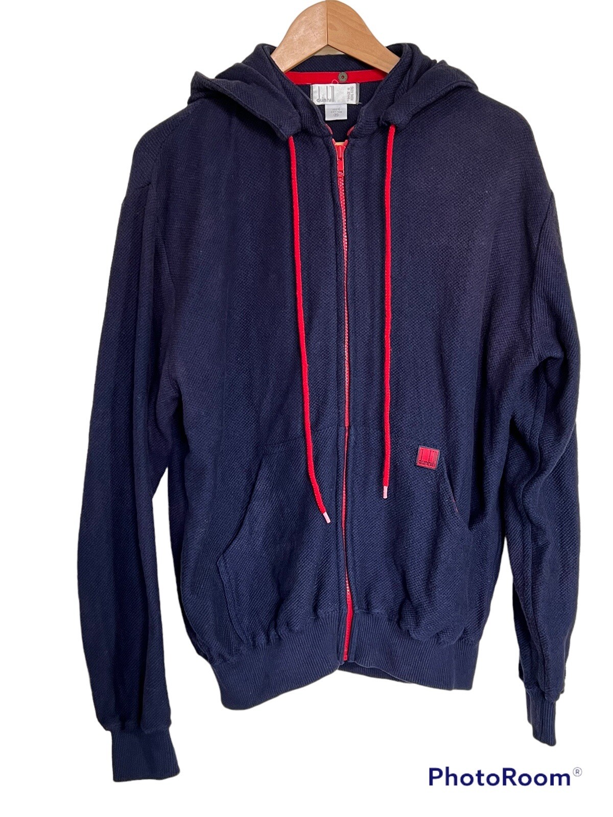 VTG Dunhill Full Zip Jacket Mens M Navy Blue Red Hooded Waffle Knit Hong Kong