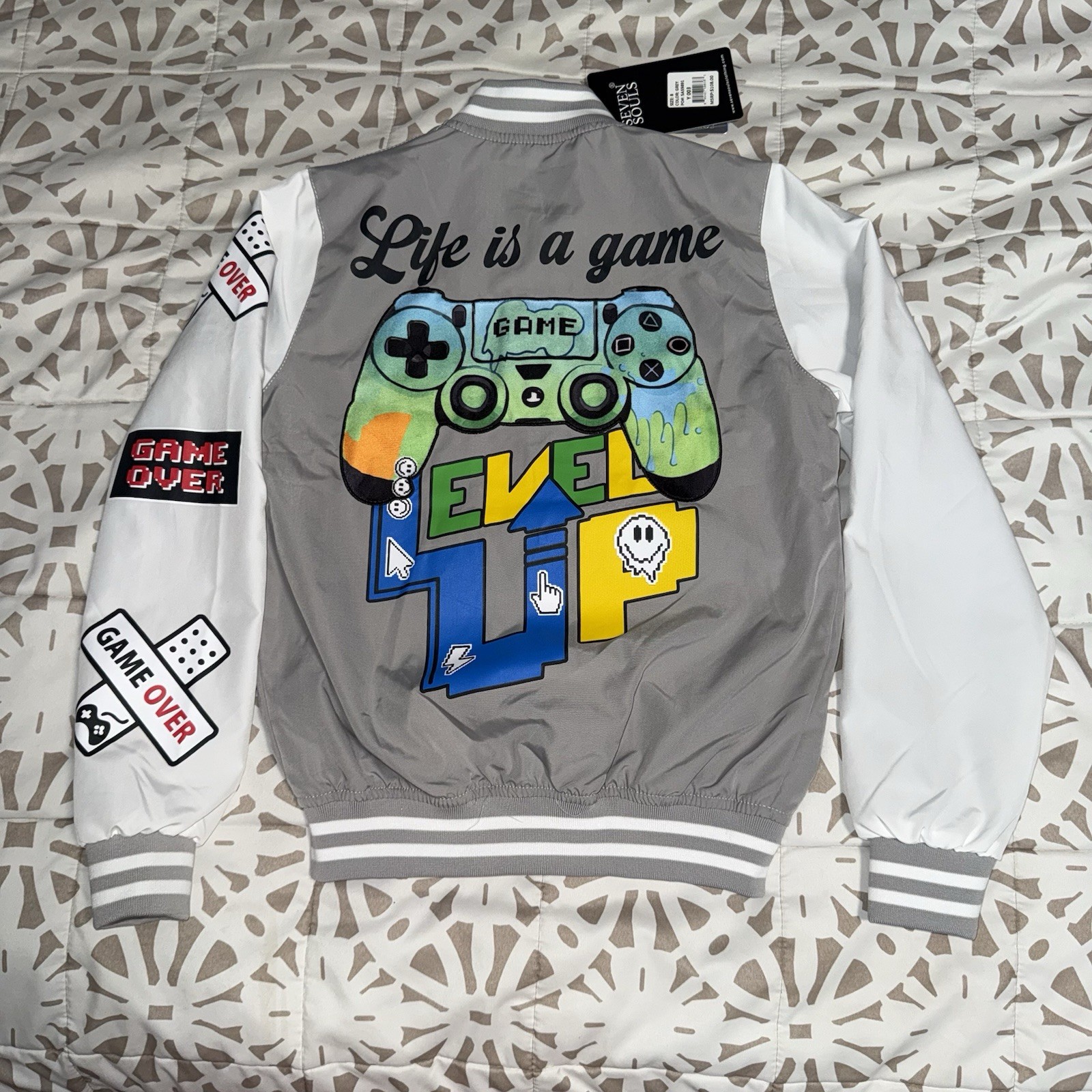 Varsity Jacket Gamers Grey White Color Gamer Control Embroidered – Kid Size 8