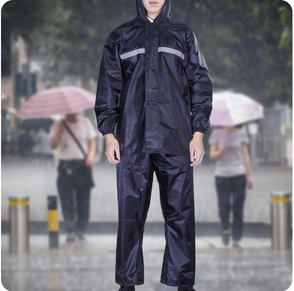 Black Safety Rain-suit, Rain Jacket With Hoodie & Rain Pants Waterproof Raincoat