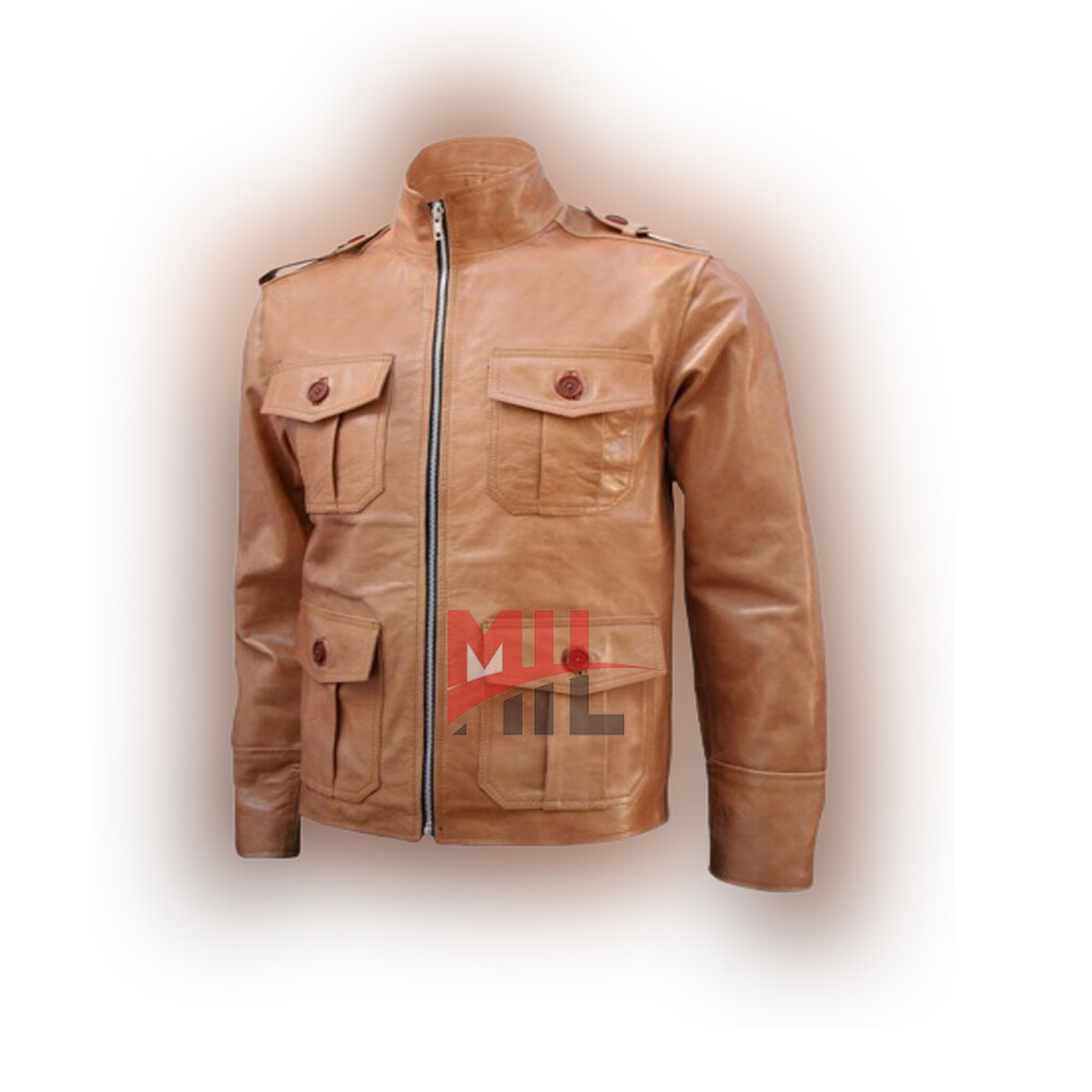 Handmade Men’s Tan Four Pockets Genuine Leather Jacket, Fashion Biker Jacket