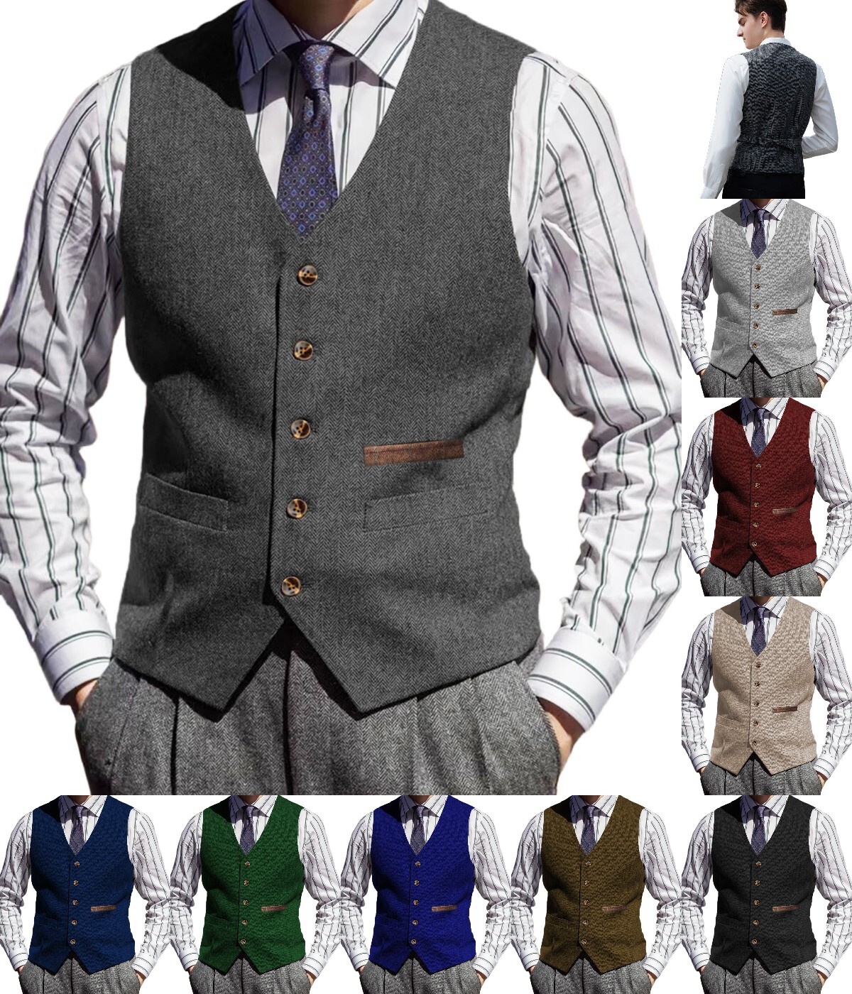 Tweed Vest Mens V-Neck Grooms Waistcoat Wool Waistcoat Herringbone Vintage Retro