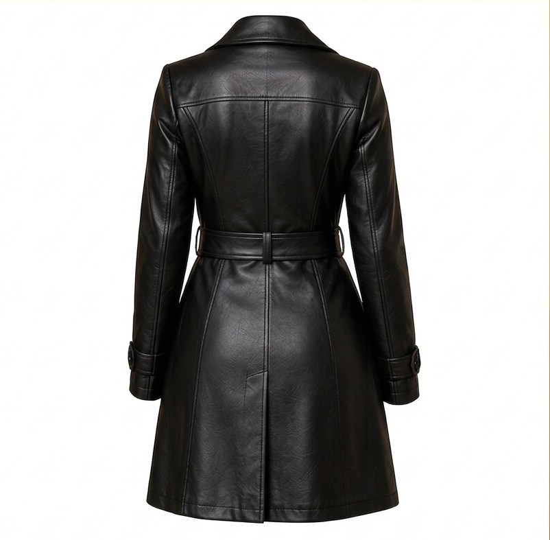 Women Black Leather Trench Coat Double Breasted Belted Long Genuine Jacket Warm