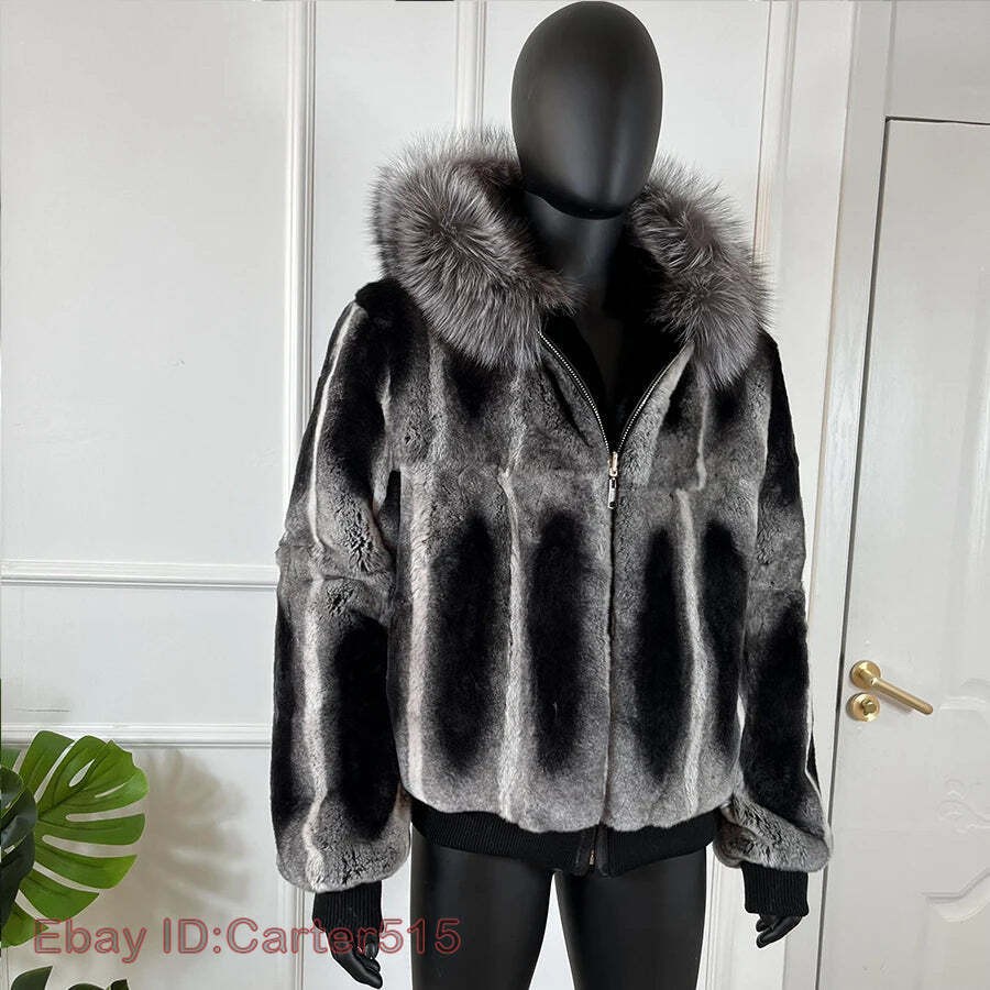 Winter Men’s Hood Bomber Jacket 100% Real Rex Rabbit Fur Coat Warm Outwear Top