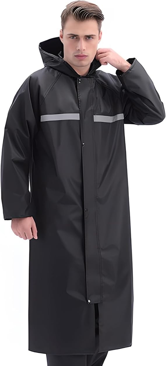 Men Black Waterproof Long Raincoat Rain Coat Hooded Trench Jacket Hiking Outdoor