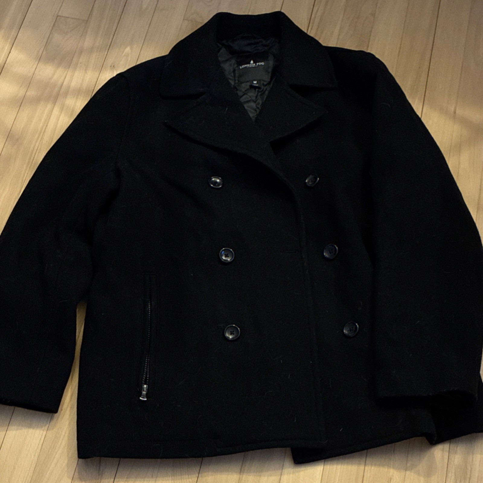 London Fog Men’s Black Pea Coat Button Zipper Accents Mid-Length Size M Winter
