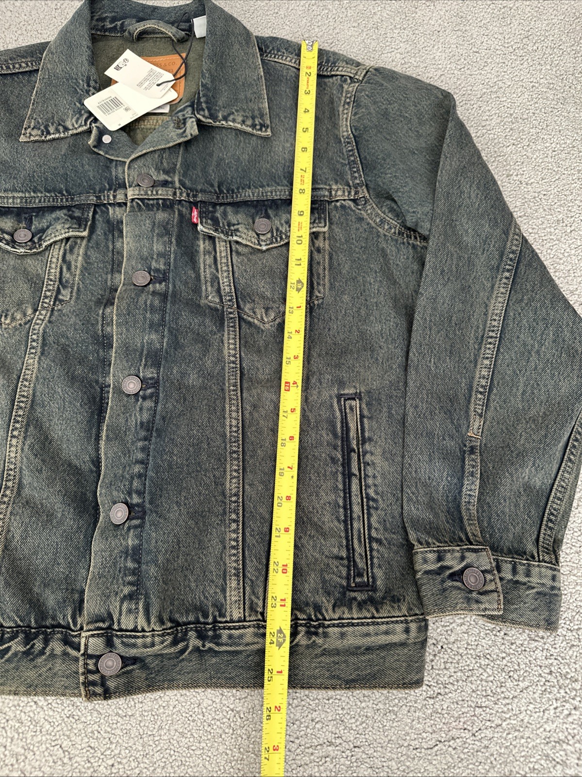 LEVI’S Men’s Medium Dust Blue Green Premium Denim Trucker Jacket Inner Pockets