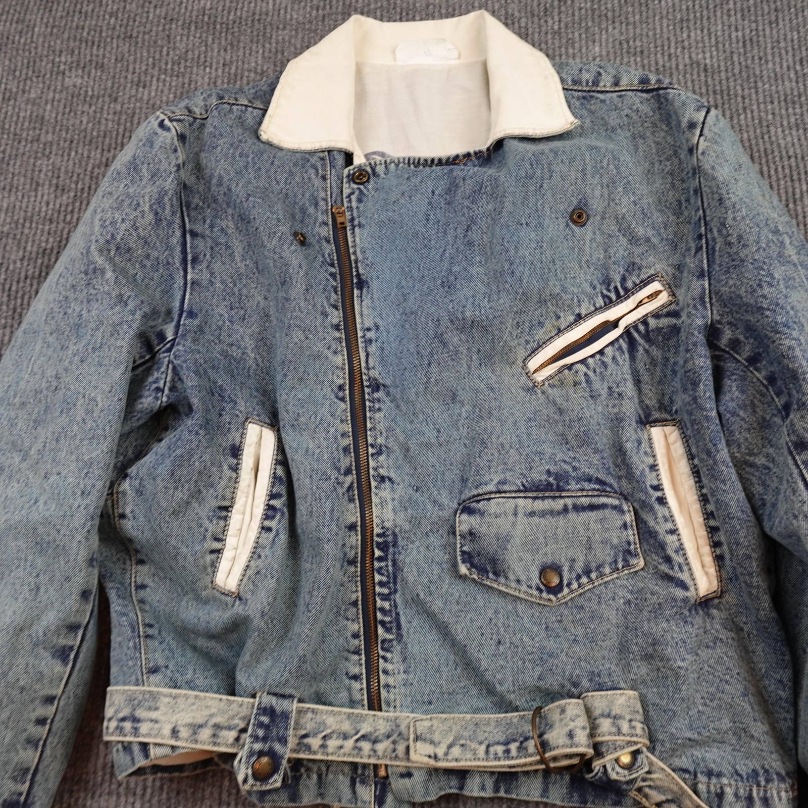 Vintage Denim Biker Jacket Mens Medium Blue Belted Dual Control Retro Lined