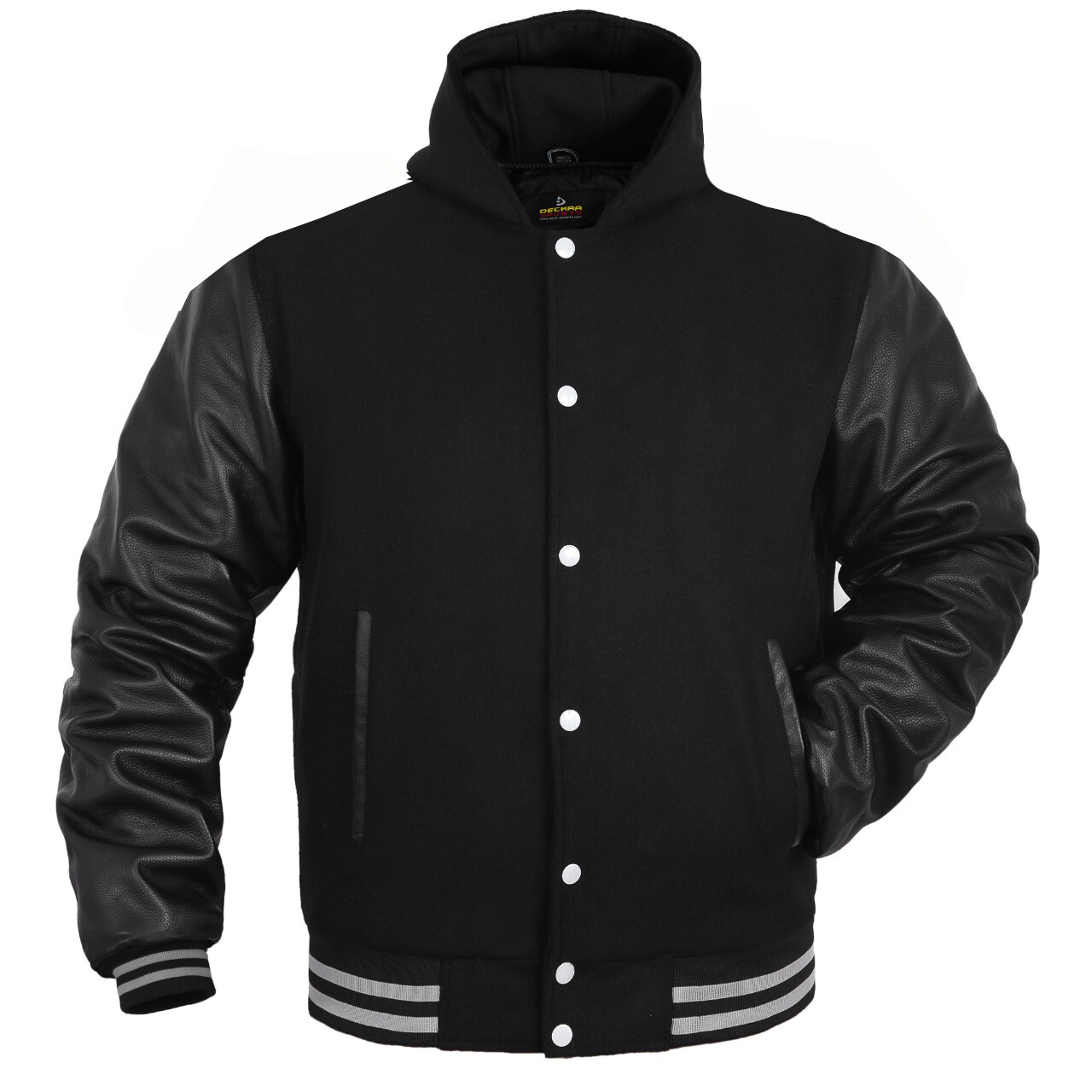 Mens Letterman Jacket with Hood Wool + Leather Varsity Baseball Jackets Hoodie
