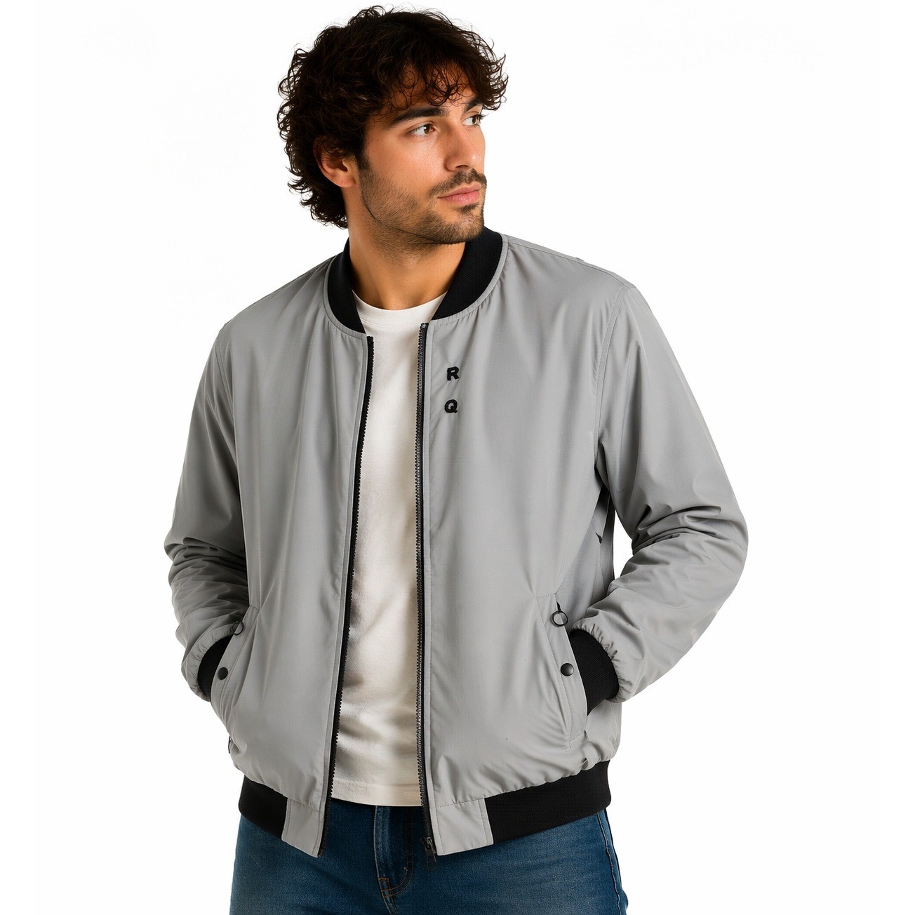 Men Bomber Jacket Gray L Lightweight Zip Casual Streetwear Minimalist Style NWOT
