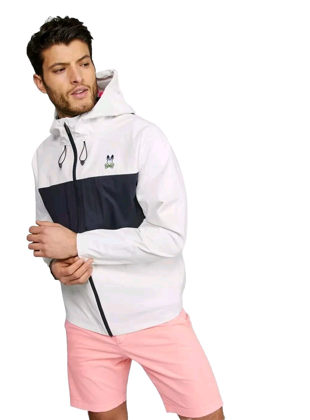 PSYCHO BUNNY Mens SMALL CLIFTON Sport JACKET Hooded Full Zip Drawstring Packable