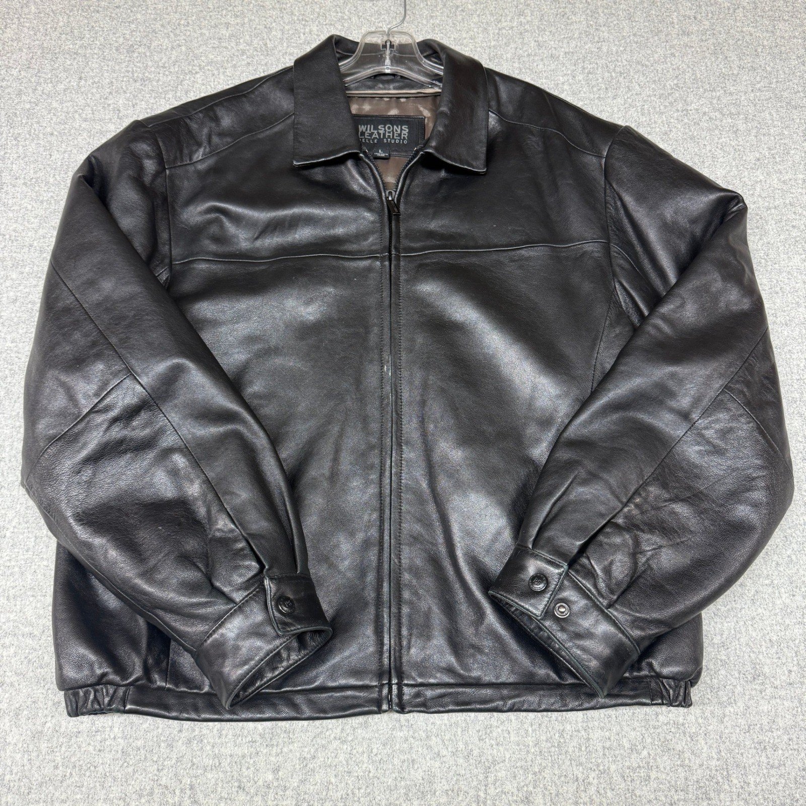 Wilsons Leather Pelle Studio Bomber Jacket Large Black Full Zip Lined Classic L